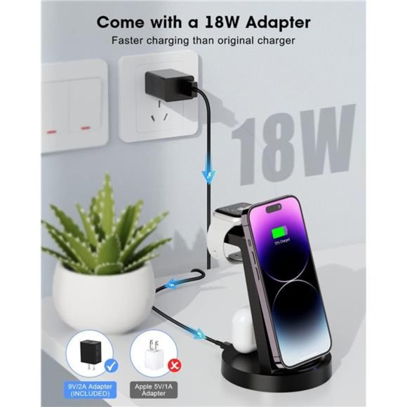 Wireless Charging Station, 3 in 1 Wireless Charger iPhone Fast Charging Stand - Picture 4 of 6